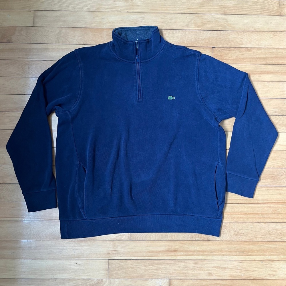 Lacoste Mens XXL Navy Blue Ribbed Quarter Zip Pullover Sweatshirt Mock Neck Logo